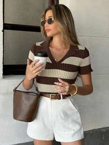 Pariaura Contrast Stripe Polo Collar Knit Top, French Street Style, Short Sleeve Summer Blouse
