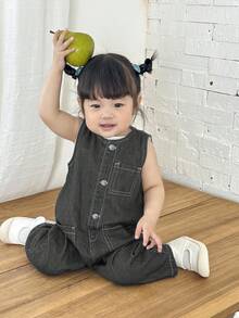 SHEIN 女婴深蓝色牛仔无袖白色条纹连体锥形裤 - 黑色 - 查看 2