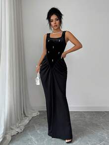 SHEIN Raffinéa Vestido largo de mujer elegante de terciopelo con parches y pliegues, adecuado para salidas y citas, primavera/otoño - Negro - Ver 1