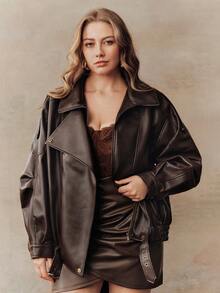 Anewsta Plus Size Solid Color Drop Shoulder Long Sleeve Loose Fashionable Versatile Jacket - Brown - View 5