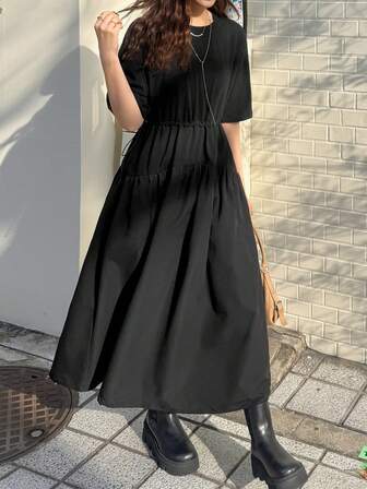 FRIFUL Women's Solid Color Round Neck Drop Shoulder Drawstring Waist Slim Fit Maxi Dress With Flared Hem, Casual & Versatile, Autumn/Winter