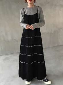 FRIFUL 女士拼接撞色条纹吊带背心层叠纹理喇叭宽松休闲百搭连衣裙 - 黑色 - 查看 1