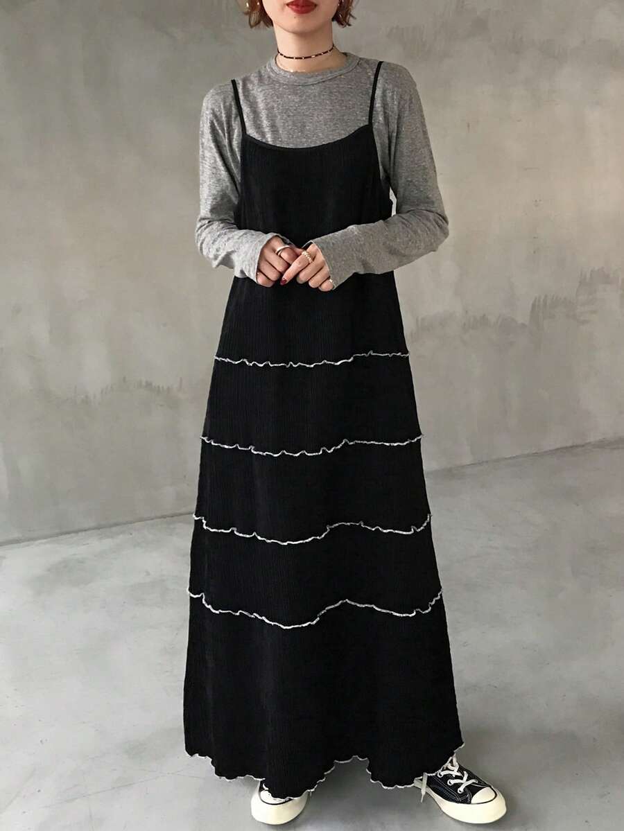 FRIFUL 女士拼接撞色条纹吊带背心层叠纹理喇叭宽松休闲百搭连衣裙 - 黑色 - 查看 1