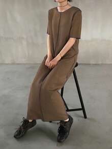 FRIFUL 女士休闲日常通勤撞色缝线开衩下摆宽松连衣裙，夏季 - 咖啡棕 - 查看 2