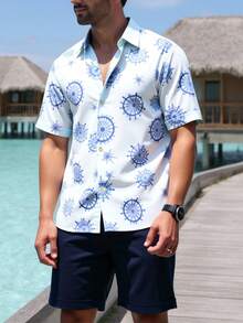 Manfinity Swimmode Bộ áo sơ mi ngắn tay và quần short in họa tiết toàn thân dành cho nam, thích hợp cho kỳ nghỉ hè ở bãi biển. - Màu xanh hải quân - Xem 5