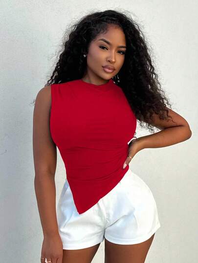 Alexandranx Women's Solid Color Sleeveless Cropped Casual Tank Top With Asymmetrical Hem,Multipack