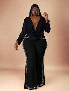 CurvyTilda Plus Size Fashion Commuter Rivet Decorated Denim Jeans, For Hourglow & Hourglass Body Shape