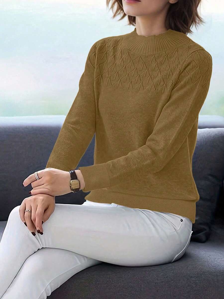 SHEIN LUNE 女士休闲高领长袖毛衣,秋季 - 駝色 - 查看 1