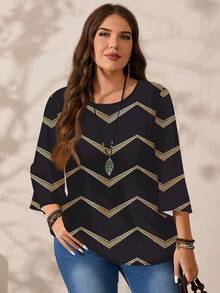 EMERY ROSE Blusa feminina plus size casual com estampa total, gola redonda e mangas 3/4, blusa feminina casual outono/inverno listrada em preto e branco, blusa feminina casual listrada, blusas casuais plus size. - Multicolorido - Ver 5