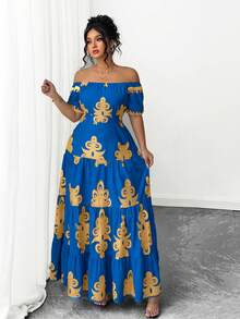 Elenzga Đầm cỡ lớn in họa tiết, thanh lịch, buộc dây, trễ vai, thắt eo. - Xanh đậm - Xem 6