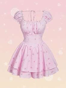 SHEIN MOD Váy liền quần cỡ lớn màu trắng trơn, viền bèo nhún, phần ngực xếp ly, gấu váy xếp tầng, tay ngắn, gấu váy đôi, váy dự tiệc dã ngoại, váy thắt nơ, váy dự tiệc trà, váy kẻ sọc hồng, váy nữ. - Màu Hồng baby - Xem 5