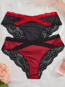 2pcs Women's Charming Black & Red Heart Lace Criss-Cross Mesh Rose Design Panties - Multicolor - View 1