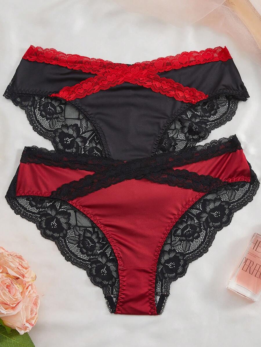 2pcs Women's Charming Black & Red Heart Lace Criss-Cross Mesh Rose Design Panties - Multicolor - View 1