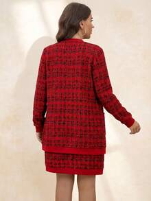 SHEIN Clasi 2pcs Plus Size Women Outfit - Tweed Print Jacket And Dress, Suitable For Teachers, Autumn