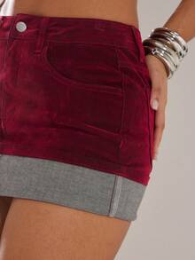 Denimoi تنورة جينز قصيرة مزودة بأساور مخملية، موضة الخريف والشتاء - عنابي اللون - مشاهدة 1