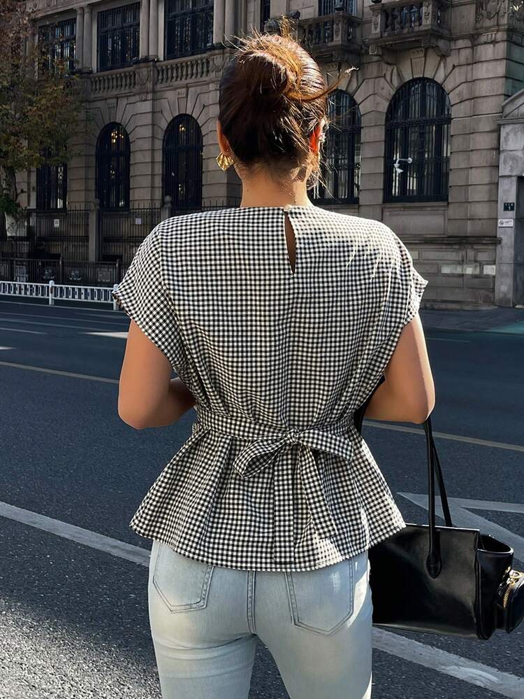 Women's Black & White Plaid Fitted Blouse Y2k Summer