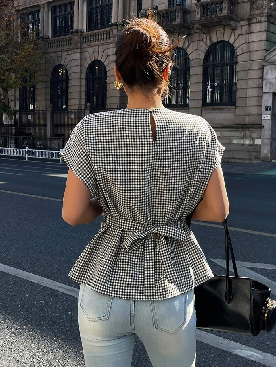 Women's Black & White Plaid Fitted Blouse Y2k Summer