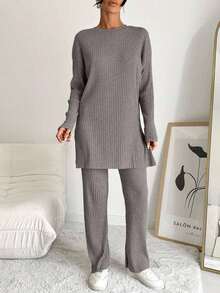 Cottnline 100% 纯棉女士纯色条纹圆领上衣和裤子两件套 - 棕色 - 查看 4