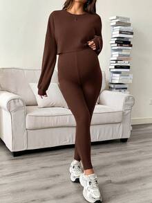 SHEIN Bộ đồ bầu 2 món: Áo liền quần không tay màu trơn tối giản mặc hàng ngày và áo dài tay cổ tròn. - Cà phê nâu - Xem 5