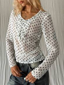 TRNVIE Women's Elegant Polka Dot Blouse, Suitable For Outdoor Wear - White - View 6