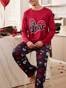 CoupledUp Set de pijamale casual pentru bărbați, cu imprimeu de litere, cu mânecă raglan și guler rotund, confortabil, pentru cupluri, cu tematică de Ziua Îndrăgostiților, cu tematică de buze roșii și "Draga mea", - Multicolor - Vizualizare 4