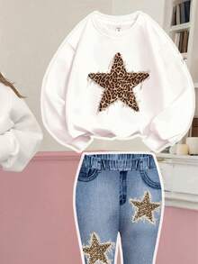 SHEIN Leap Crew 2 件套青少年女孩复古豹纹和星星图案厚实柔软舒适宽松圆领长袖运动衫和喇叭裤套装，适合秋季日常穿着、街头服饰、校园装、秋冬装 - 彩色 - 查看 5