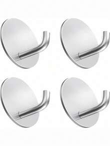 Heavy Duty Waterproof In Shower Hooks For Hanging Loofah, Towels, Clothes, Robes For Bathroom Removable Adhesive Wall, Door Hook Stainless Steel Black Stick On Hooks 4 Pcs - Silver - View 1