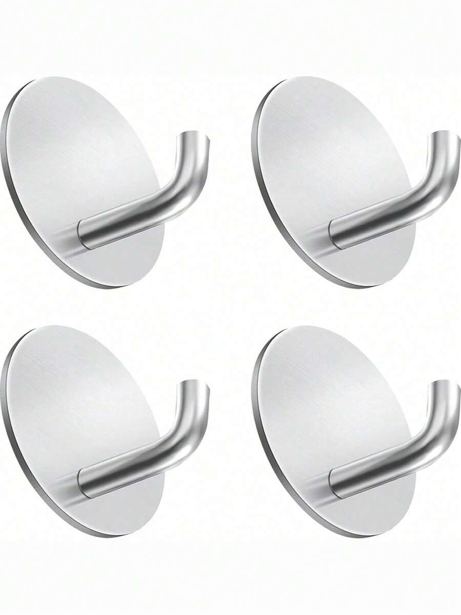 Heavy Duty Waterproof In Shower Hooks For Hanging Loofah, Towels, Clothes, Robes For Bathroom Removable Adhesive Wall, Door Hook Stainless Steel Black Stick On Hooks 4 Pcs - Silver - View 1