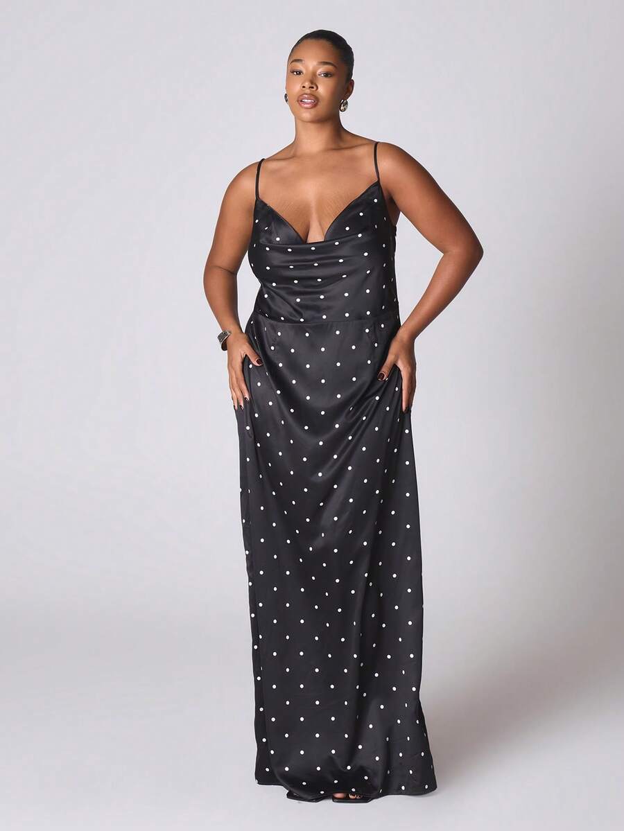 MUSERA Polka Dot Cowl Halter Neck Maxi Dress NewYear Cute Sexy Going Out Evening Party Accented - Black and White - View 1