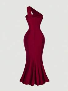 SHEIN MOD Đầm lệch vai màu xanh hải quân thanh lịch dành cho nữ, đầm dự tiệc, đầm lệch vai sang trọng, đầm dạ hội màu xanh hoàng gia, đầm xanh thanh lịch, trang phục Giáng sinh, đầm mùa hè, quần áo mùa đông cho nữ, đầm năm mới, đầm dự tiệc, đầm dạ hội cao cấp dành cho nữ. - Màu Đỏ Sâu - Xem 2