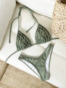 Swim Vcay 2pcs Solid Color Shiny Criss-Cross Strap Decor Triangle Bikini Top And High Cut Bottoms Sexy Swimsuit Set, Spring/Summer Brazilian Bikini Set Boho Bikini Set Triangle Bikini Set Sexy Bikini Set String Bikini Set - Army Green - View 1