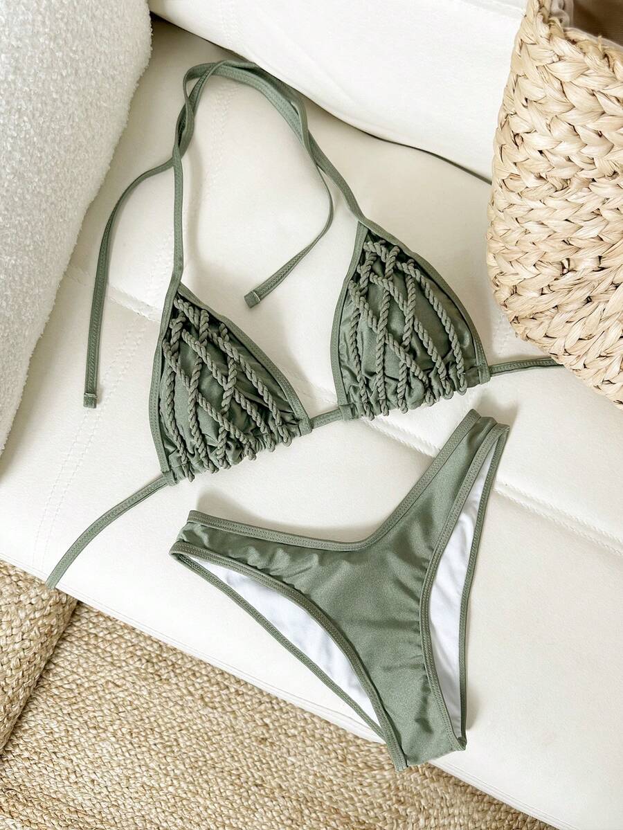 Swim Vcay 2pcs Solid Color Shiny Criss-Cross Strap Decor Triangle Bikini Top And High Cut Bottoms Sexy Swimsuit Set, Spring/Summer Brazilian Bikini Set Boho Bikini Set Triangle Bikini Set Sexy Bikini Set String Bikini Set - Army Green - View 1