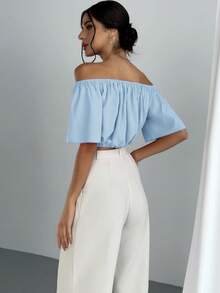Aloruh 女士夏季露肩V领褶裥腰身衬衫 - 淺藍色 - 查看 2