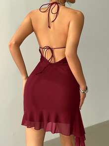 Aloruh Halter Backless Tie-Up Black Mini Dress For Women ,Summer Dress - Burgundy - View 2