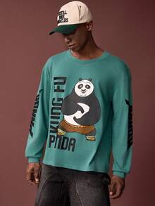 SHEIN Kung Fu Panda Men's Letter & Panda Print Round Neck Drop Shoulder T-Shirt - Green - View 1