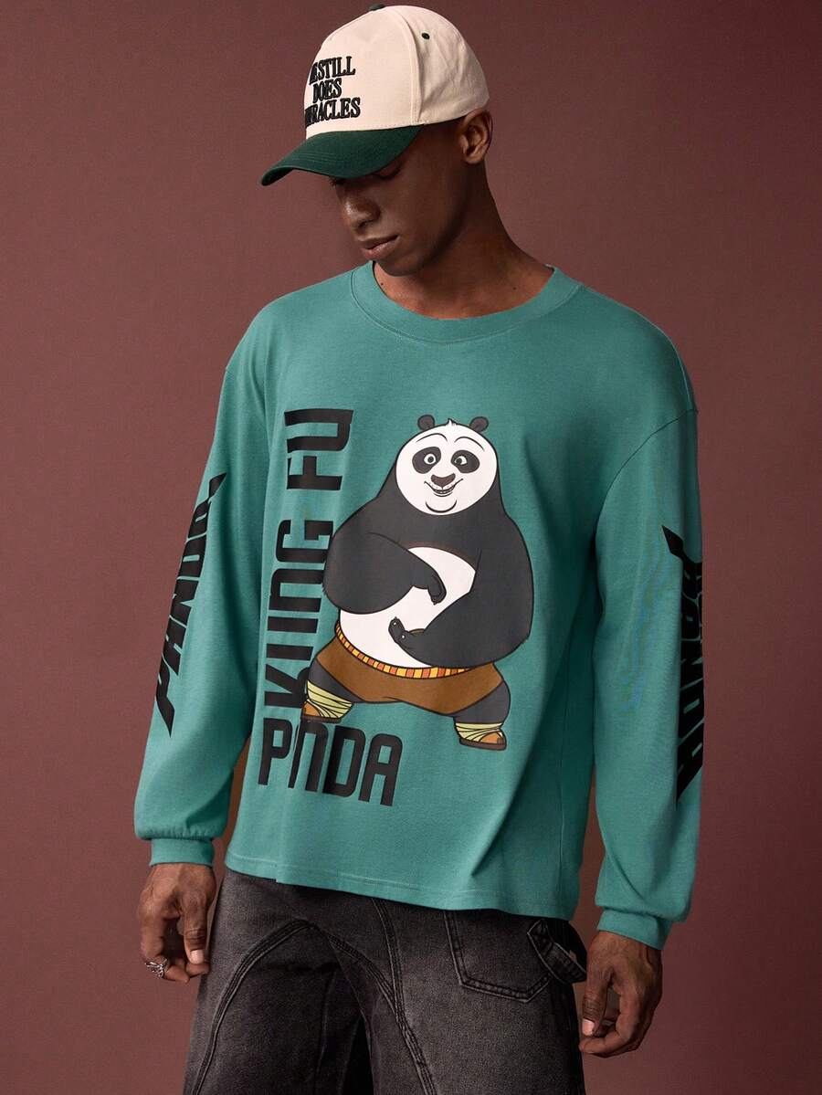 SHEIN Kung Fu Panda Men's Letter & Panda Print Round Neck Drop Shoulder T-Shirt - Green - View 1
