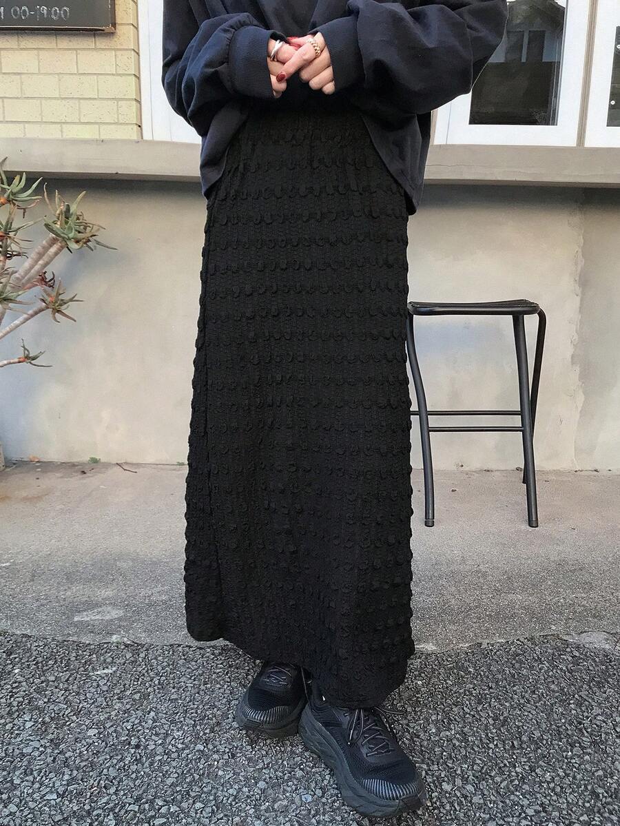 FRIFUL Chân váy dài nữ màu trơn, chất liệu có họa tiết, kiểu dáng thường ngày. - màu đen - Xem 1