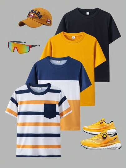 Vacaura 4pcs/Set Boys' Basic Casual College Style White T-Shirts, Suitable For Leisure & Sports, Can Be Layered Or Paired