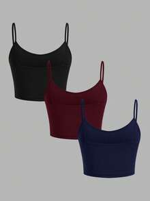 SHEIN EZwear Bộ 3 áo hai dây croptop nữ kiểu dáng thường ngày, thích hợp mặc đi biển mùa xuân. - Nhiều màu - Xem 2