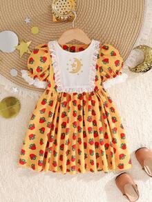 SHEIN Middle Eastern Style Puff Sleeve A-Line Burgundy Rose Star & Moon Print Lace Trim Dress - Yellow - View 13