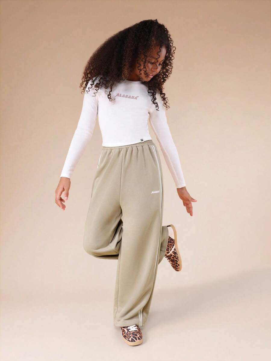 SUMWON Printed Long Sleeve Ribbed T-Shirt And Wide Leg Jogger Co-Ord Set For Tweens Casual Vacation - White - View 1
