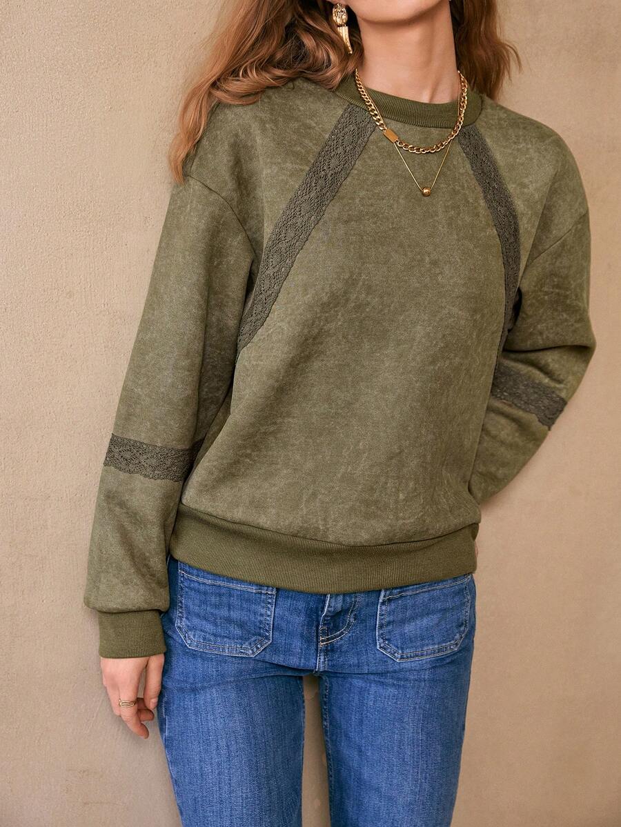 Franclia Women's Elegant Lace Trim Patchwork Sweatshirt - Army Green - View 1