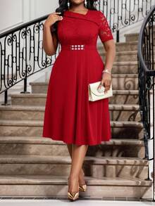 Fleurora 大码女士优雅派对纯色蕾丝拼接中长连衣裙 复活节连衣裙 女士毕业礼服 婚礼宾客礼服 女士度假礼服 - 紅色 - 查看 9