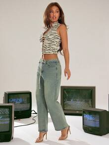 Denimoi Fawn Print Lace Up Top GNO Clubbing Tops Concert Outfits Fashionable Sexy Tops - Black and White - View 5