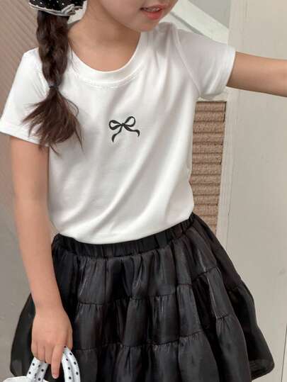 DAZY Girls Toddler Knit Crew Neck Bow Print Short Sleeve Casual T-Shirt