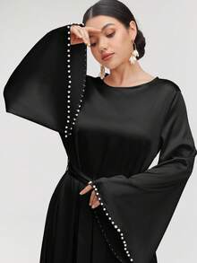Graceveil 女士优雅纯色喇叭袖长连衣裙，春夏款，端庄优雅的A字阿拉伯风格连衣裙，适合晚宴/婚礼宾客/周年纪念/日常穿着 - 黑色 - 查看 4