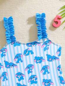 1pc Girls' Cute Cartoon Print Ruffled One-Piece Swimsuit,Blue Ruffle Strap Stitch Bathing Suit For Toddler Kids,Summer,Beach,Family Vacation,Holiday - Blue - View 4