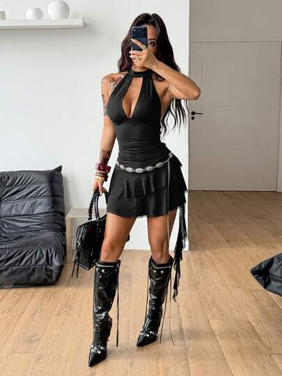 Coolane Summer Dresses Streetwear Casual Hippie Vintage Y2K Punk Black Slim Fit Halter Mini Dress Elegant Dresses Black Dresses For Women,Black Dress