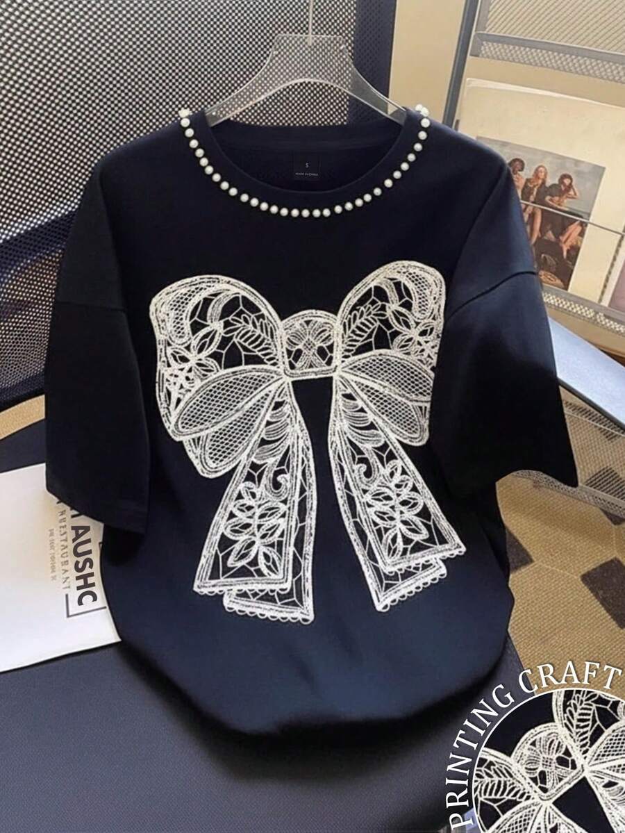 Resyla Women's Casual Bow Print Short Sleeve Top - Royal Blue - View 1