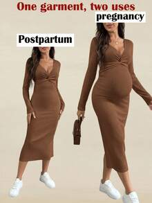 SHEIN Đầm bầu dài tay ôm sát, xẻ tà, cổ chữ V, màu trơn, thắt nút xoắn. - màu nâu - Xem 1